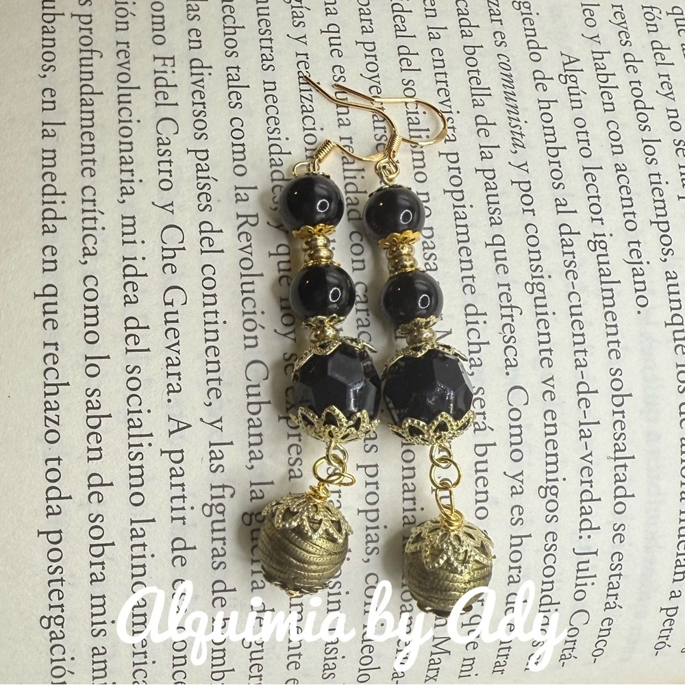 Antique gold vibe black onyx vintage Victorian long earrings
